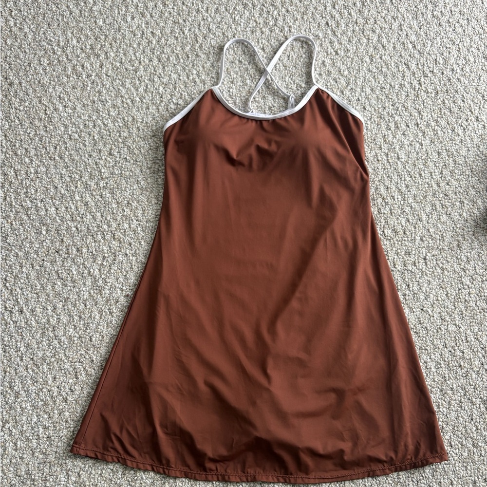 Women's Rust Brown One-Piece Swim Dress with White Trim